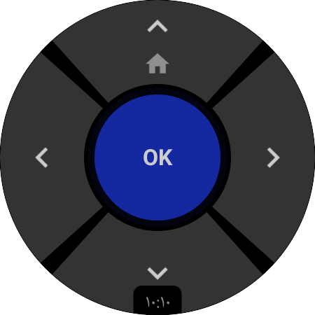 تطبيق ريموت تلفزيون Samsung على ساعة ذكية بنظام Wear OS — لوحة اتجاهات دائرية بالأسهم وزر OK أزرق واختصار للرئيسية
