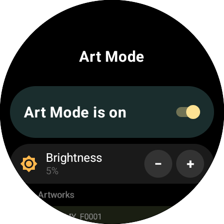 Obrazovka Art Mode pro Samsung The Frame – zapnutý Art Mode, ovládání jasu a seznam uměleckých děl