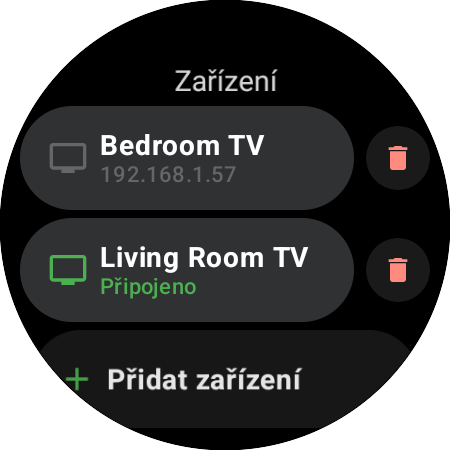 Seznam Zařízení na chytrých hodinkách – Living Room TV připojená, Bedroom TV uložená a tlačítko Přidat zařízení