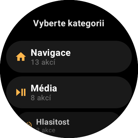 Seznam kategorií přemapování – Navigace s 13 akcemi, Média s 8, Hlasitost se 3