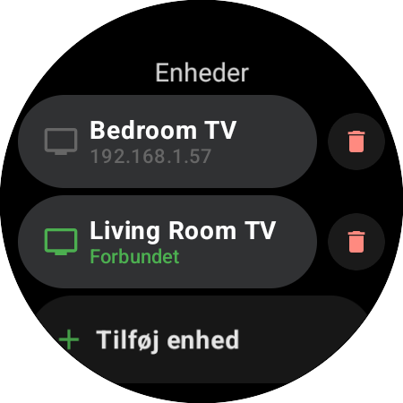 Listen »Enheder« på et smartwatch – Living Room TV forbundet, Bedroom TV gemt og knappen »Tilføj enhed«