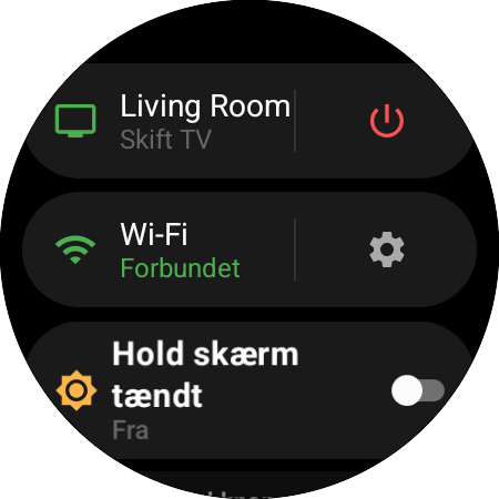 Urmenu med det aktive Samsung-TV og genvejen »Skift TV«, en tænd/sluk-knap, Wi-Fi-status og »Hold skærm tændt«