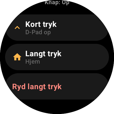 Tildelingsmuligheder for knappen Op på et smartwatch – separate handlinger for »Kort tryk« (D-Pad op) og »Langt tryk« (Hjem)