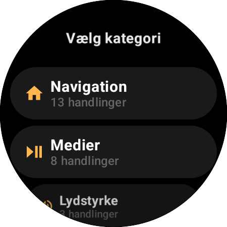 Kategoriliste til tildeling – Navigation med 13 handlinger, Medier med 8, Lydstyrke med 3