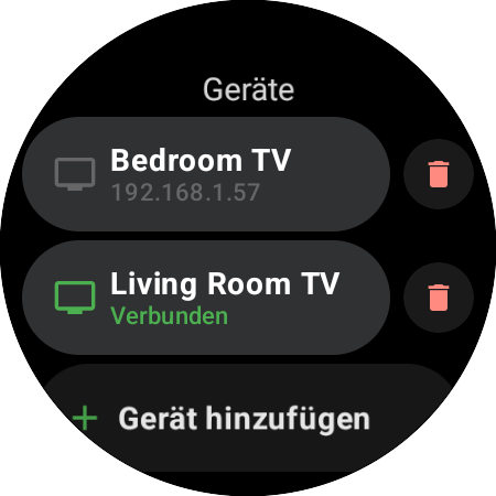 Liste „Geräte“ auf einer Smartwatch – Living Room TV verbunden, Bedroom TV gespeichert und die Schaltfläche „Gerät hinzufügen“