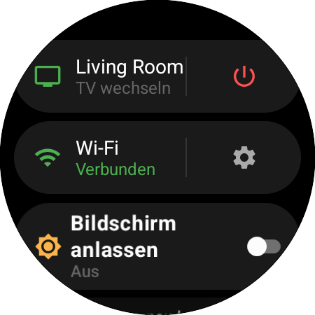 Uhrmenü mit dem aktiven Samsung-TV und der Verknüpfung „TV wechseln“, einer Ein/Aus-Taste, dem Wi-Fi-Status und „Bildschirm anlassen“