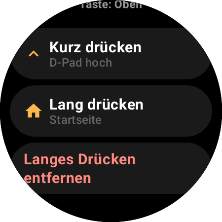 Belegung der Taste „Oben“ auf einer Smartwatch – getrennte Aktionen für „Kurz drücken“ (D-Pad hoch) und „Lang drücken“ (Startseite)