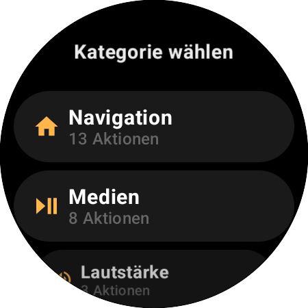 Kategorienliste der Tastenbelegung – Navigation mit 13 Aktionen, Medien mit 8, Lautstärke mit 3