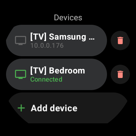 Devices list on a smartwatch — a connected Samsung TV, a second saved Samsung TV with its IP address, and an Add device button