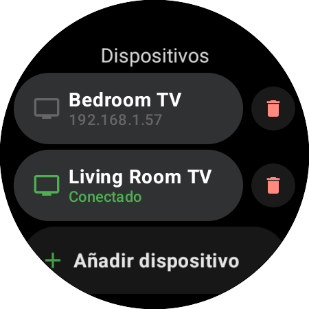 Lista de Dispositivos en un smartwatch: Living Room TV conectada, Bedroom TV guardada y el botón Añadir dispositivo