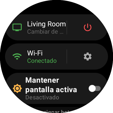 Menú del reloj con la tele Samsung activa y el acceso Cambiar de TV, un botón de encendido, el estado del Wi-Fi y Mantener pantalla activa