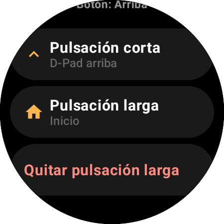 Opciones de reasignación del botón Arriba en un smartwatch: acciones distintas para Pulsación corta (D-Pad arriba) y Pulsación larga (Inicio)