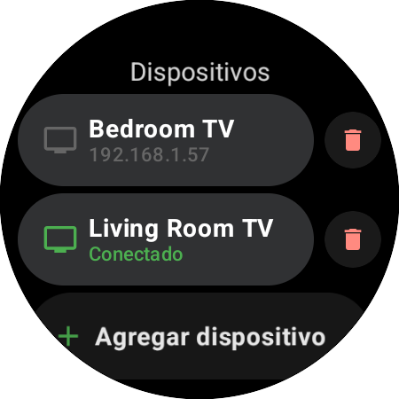 Lista de Dispositivos en un smartwatch: Living Room TV conectada, Bedroom TV guardada y el botón Agregar dispositivo