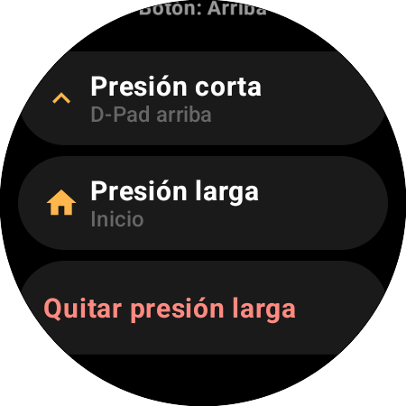 Opciones de reasignación del botón Arriba en un smartwatch: acciones distintas para Presión corta (D-Pad arriba) y Presión larga (Inicio)