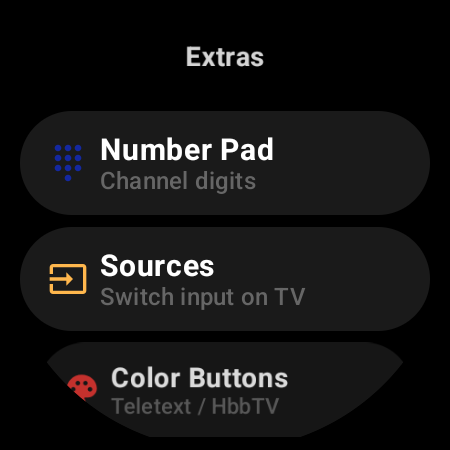 Extras screen on a smartwatch Samsung TV remote — Number Pad for channel digits, Sources input switch, and Color Buttons for Teletext and HbbTV