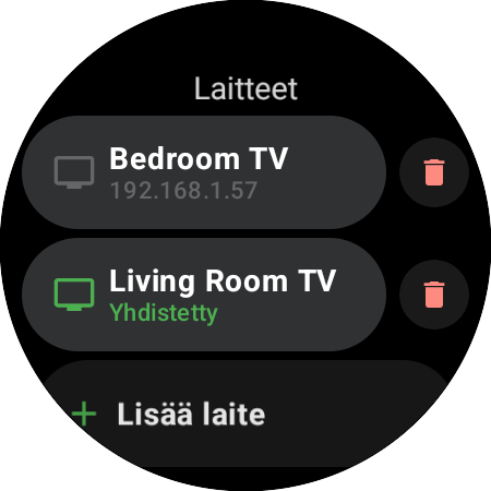 Laitteet-luettelo älykellossa – Living Room TV yhdistettynä, Bedroom TV tallennettuna ja Lisää laite -painike