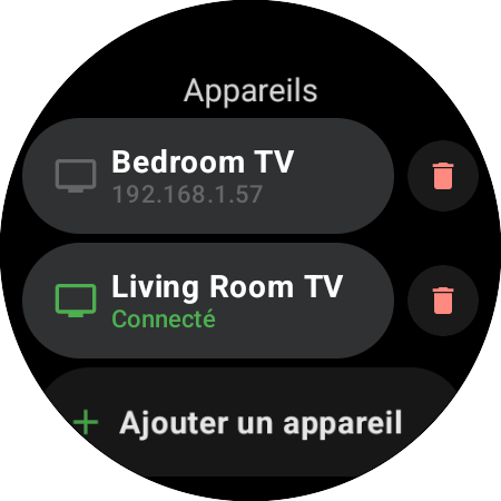 Liste Appareils sur une montre connectée : Living Room TV connectée, Bedroom TV enregistrée et un bouton Ajouter un appareil