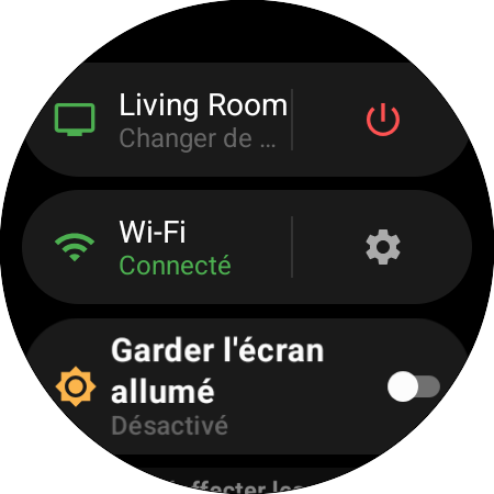 Menu de la montre avec la TV Samsung active et un raccourci Changer de TV, un bouton marche/arrêt, l’état du Wi-Fi et Garder l’écran allumé