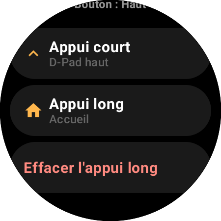 Options de réaffectation du bouton Haut sur une montre connectée : actions distinctes pour Appui court (D-Pad haut) et Appui long (Accueil)