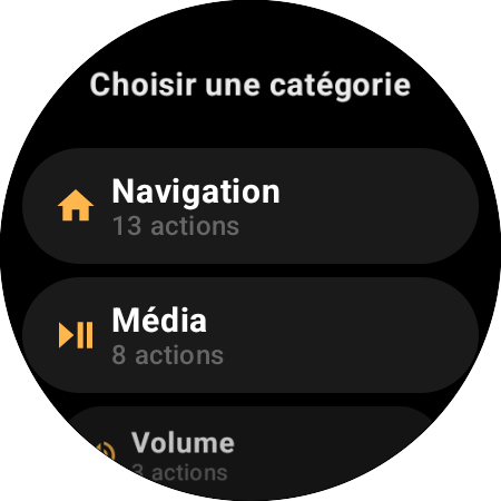 Liste des catégories de réaffectation : Navigation avec 13 actions, Média avec 8, Volume avec 3