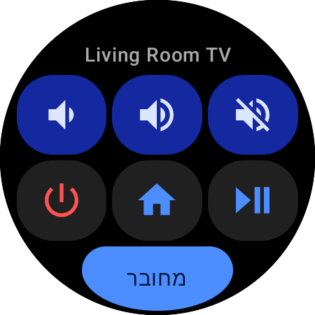 כרטיס פעולות מהירות ב-Wear OS לטלוויזיית Samsung — טלוויזיית הסלון, שישה כפתורים לעוצמה, השתקה, הדלקה, בית והפעלה/השהיה, וכפתור סטטוס "מחובר"