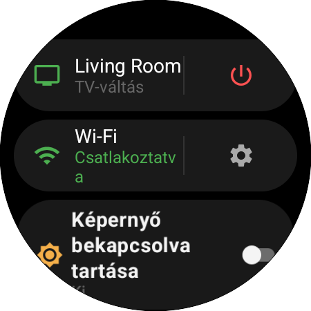 Az óra menüje az aktív Samsung TV-vel és TV-váltás parancsikonnal, bekapcsológombbal, Wi-Fi-állapottal és a Képernyő bekapcsolva tartása kapcsolóval