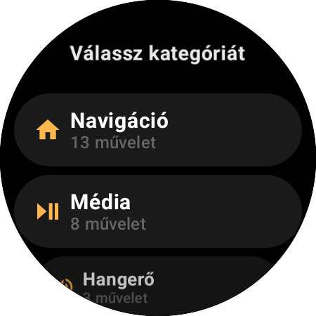 A kiosztási kategóriák listája – Navigáció 13 művelettel, Média 8-cal, Hangerő 3-mal