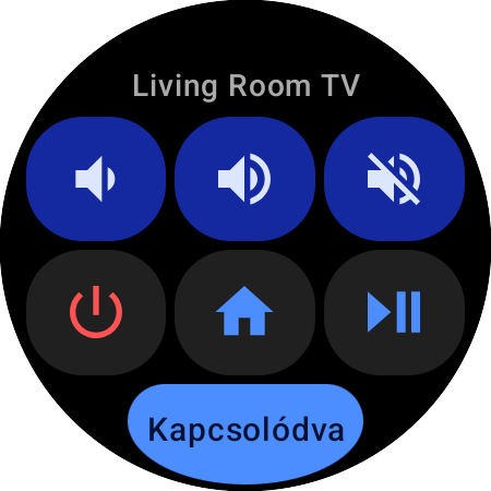 Wear OS-es Gyorsműveletek csempe Samsung TV-hez – Living Room TV, hat gomb a hangerőhöz, a némításhoz, a bekapcsoláshoz, a Főképernyőhöz és a lejátszáshoz/szünethez, alatta Kapcsolódva állapotgomb