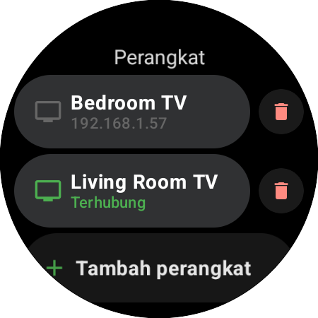 Daftar “Perangkat” di smartwatch — Living Room TV terhubung, Bedroom TV tersimpan, dan tombol “Tambah perangkat”