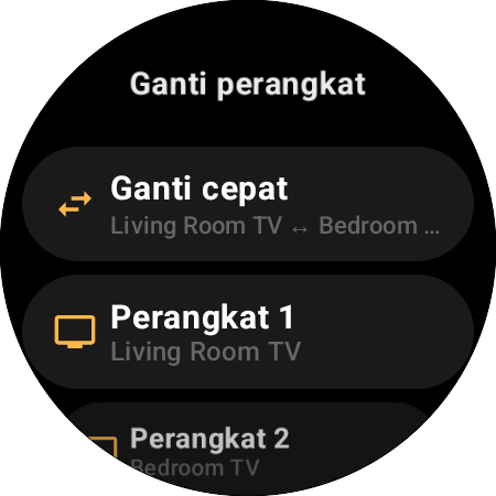 Pemetaan “Ganti perangkat” — “Ganti cepat” antara Living Room TV dan Bedroom TV di satu tombol