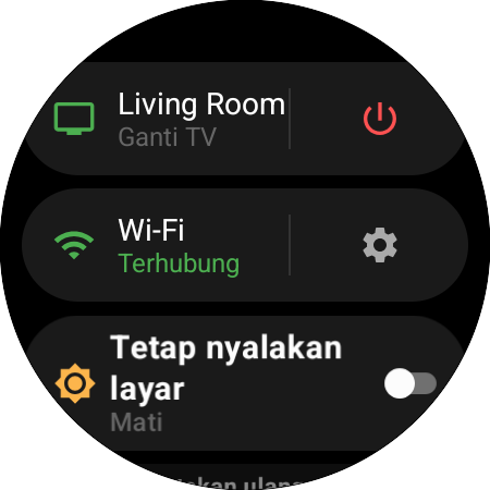 Menu jam tangan dengan TV Samsung yang aktif dan pintasan “Ganti TV”, tombol daya, status Wi-Fi, dan “Tetap nyalakan layar”