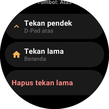 Opsi pemetaan untuk tombol Atas di smartwatch — aksi Tekan pendek (D-Pad atas) dan Tekan lama (Beranda) yang terpisah