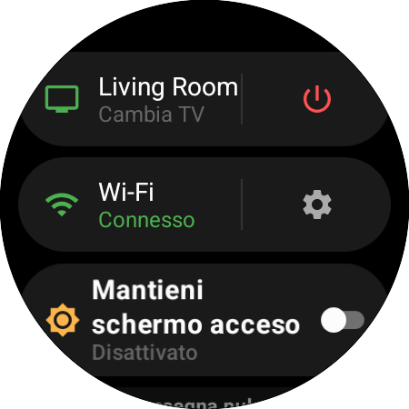 Menu dell’orologio con la TV Samsung attiva e la scorciatoia Cambia TV, un pulsante di accensione, lo stato del Wi-Fi e Mantieni schermo acceso