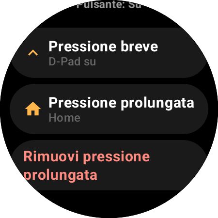 Opzioni di riassegnazione del pulsante Su su uno smartwatch: azioni separate per Pressione breve (D-Pad su) e Pressione prolungata (Home)