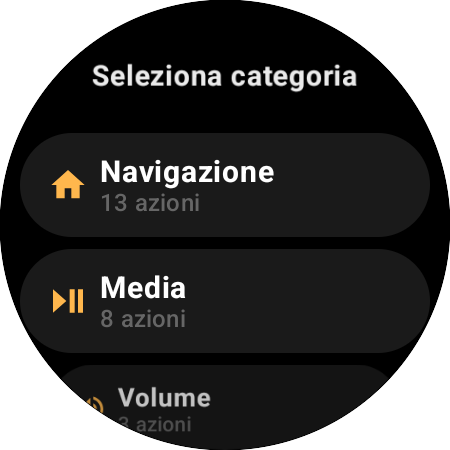 Elenco delle categorie di riassegnazione: Navigazione con 13 azioni, Media con 8, Volume con 3