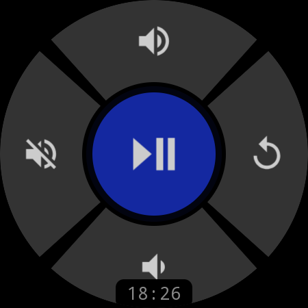 Media screen for a Samsung TV on a smartwatch — Play/Pause, Volume Up/Down, Mute, and Back on a Wear OS watch