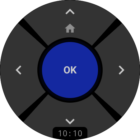Aplikace ovladače k TV Samsung na chytrých hodinkách s Wear OS – kulatý D-pad se šipkami, modrým tlačítkem OK a zkratkou Domů