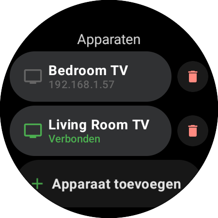 Lijst ‘Apparaten’ op een smartwatch – Living Room TV verbonden, Bedroom TV opgeslagen en een knop ‘Apparaat toevoegen’
