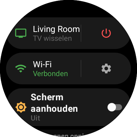 Horlogemenu met de actieve Samsung TV en een snelkoppeling ‘TV wisselen’, een aan/uit-knop, de Wi-Fi-status en ‘Scherm aanhouden’