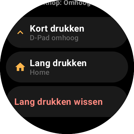 Toewijzingsopties voor de knop Omhoog op een smartwatch – aparte acties voor ‘Kort drukken’ (D-Pad omhoog) en ‘Lang drukken’ (Home)