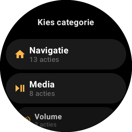 Lijst met categorieën om toe te wijzen – Navigatie met 13 acties, Media met 8, Volume met 3