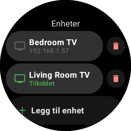 Listen Enheter på en smartklokke – Living Room TV tilkoblet, Bedroom TV lagret og knappen Legg til enhet
