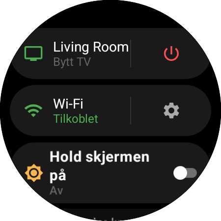 Klokkemenyen med den aktive Samsung-TV-en og snarveien Bytt TV, en av/på-knapp, Wi-Fi-status og Hold skjermen på