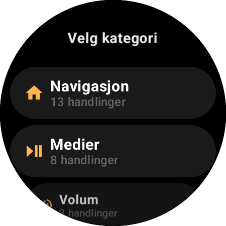 Kategorilisten i Tilordne knapper – Navigasjon med 13 handlinger, Medier med 8, Volum med 3