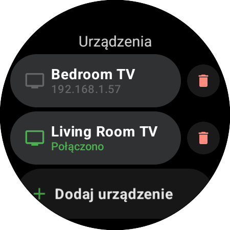 Lista Urządzenia na smartwatchu – Living Room TV połączony, Bedroom TV zapisany i przycisk Dodaj urządzenie
