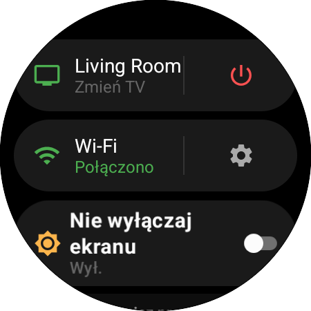 Menu zegarka z aktywnym telewizorem Samsung i skrótem Zmień TV, przyciskiem zasilania, stanem Wi-Fi i opcją Nie wyłączaj ekranu