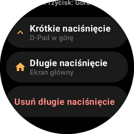 Opcje przypisania przycisku Góra na smartwatchu – osobne akcje Krótkie naciśnięcie (D-Pad w górę) i Długie naciśnięcie (Ekran główny)