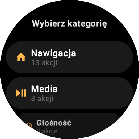 Lista kategorii przypisywania – Nawigacja z 13 akcjami, Media z 8, Głośność z 3