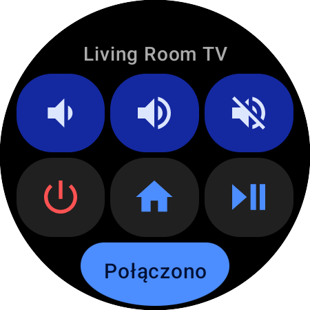 Kafelek Szybkie działania w Wear OS dla telewizora Samsung – Living Room TV, sześć przycisków: głośność, wyciszenie, zasilanie, Ekran główny i odtwarzanie/pauza oraz przycisk stanu Połączono