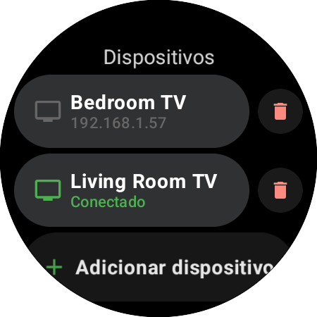 Lista de Dispositivos no smartwatch — Living Room TV conectada, Bedroom TV salva e o botão Adicionar dispositivo